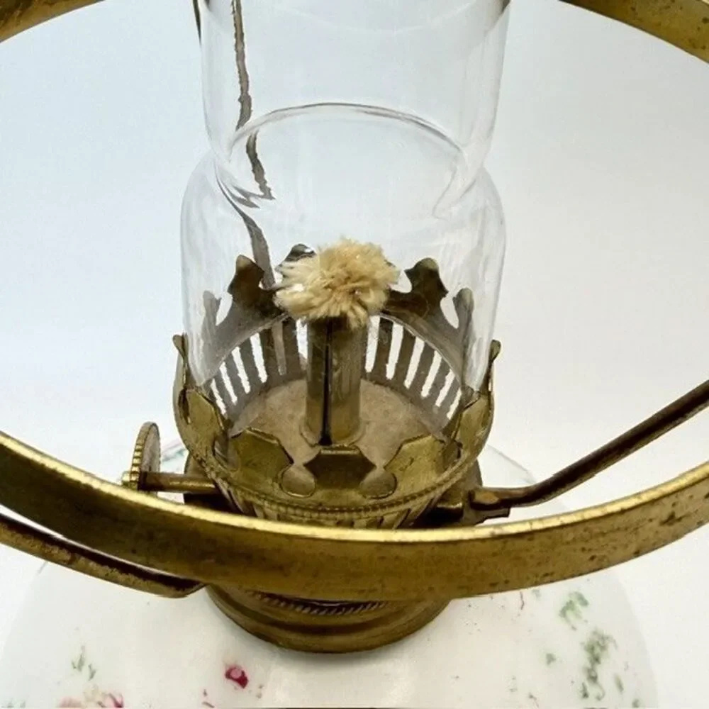 Antique Miniature GWTW Oil Lamp Base White Milk Glass Pink Roses 5 inch Japan